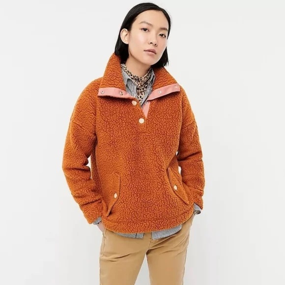 J. Crew Brown Polartec 1/4 Snap Button Sherpa Pullover - Picture 2 of 6